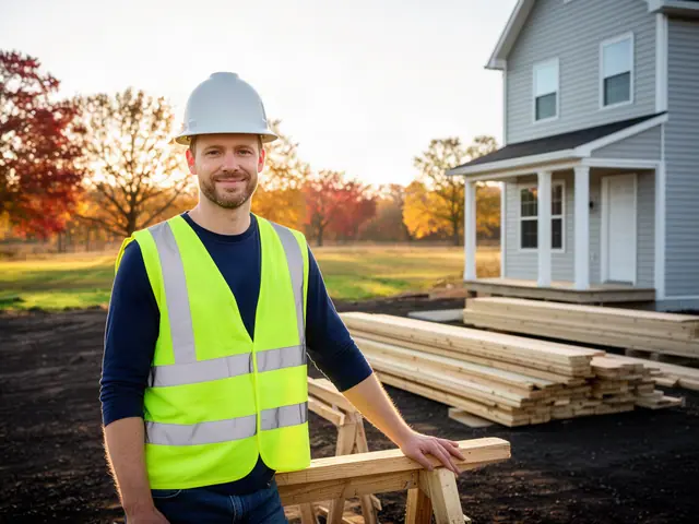 A builder in a hard hat and safety vest on a home construction site.