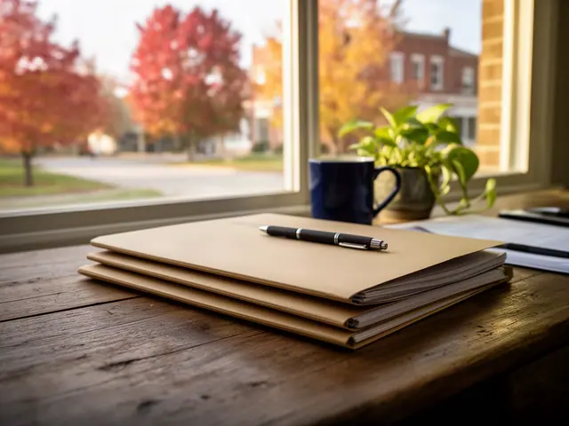 A neat stack of closed manila folders and a pen on a desk by a window.