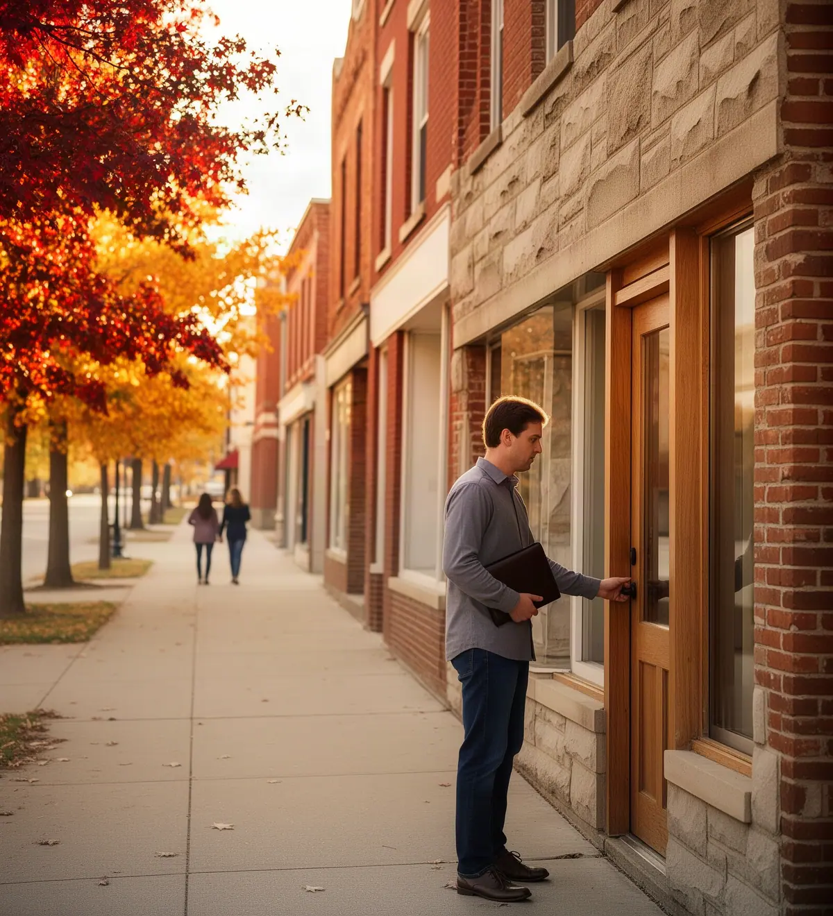 An independent insurance agent walking along a brick main street at golden hour with a leather folder under his arm.