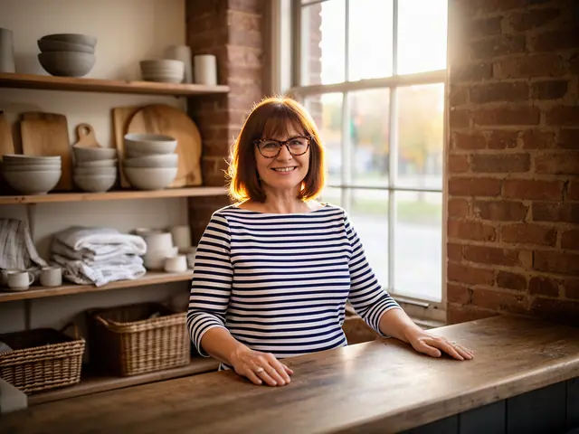 A shop owner behind the counter of a small kitchen and home shop.