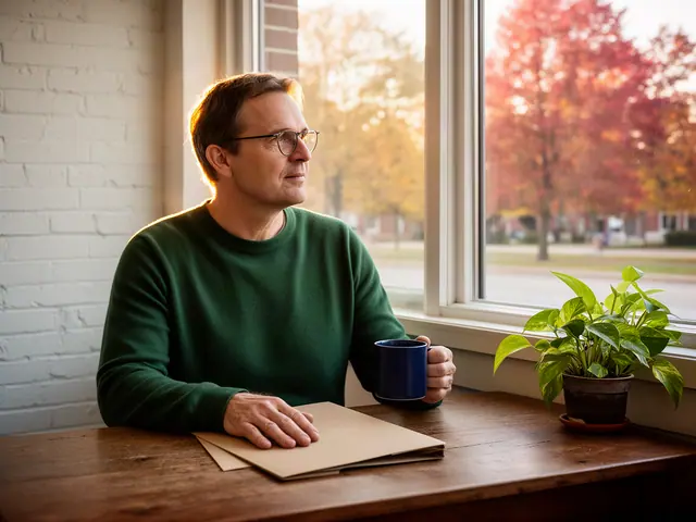 A man with short brown hair and wire-rimmed glasses at a desk with a folder and a mug in a small back office.