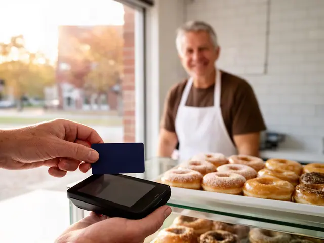 A customer taps a card on a counter terminal at a small donut shop.
