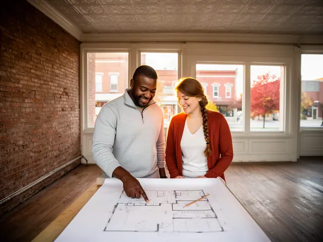 Two business partners looking over a pencil floor sketch in an empty storefront.