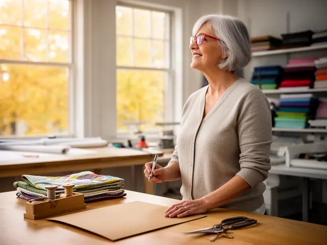 A woman with short silver hair and red-framed glasses at a work table with a closed folder in a small quilting and sewing studio.
